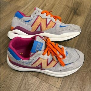 5740 New Balance Women's Sneakers in Gray, Orange, and Pink